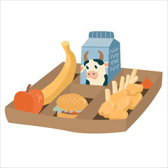 School lunch on a tray hand drawn flat style illustration black outline. Back to school theme element.