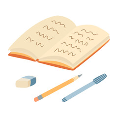 Student copybook or notebook with pen and pencil.  Hand drawn flat style vector illustration
