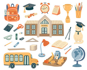 Back to school set with a bus, stationary, breakfast on a tray, backpack, alarm clock. Hand drawn flat style illustration.