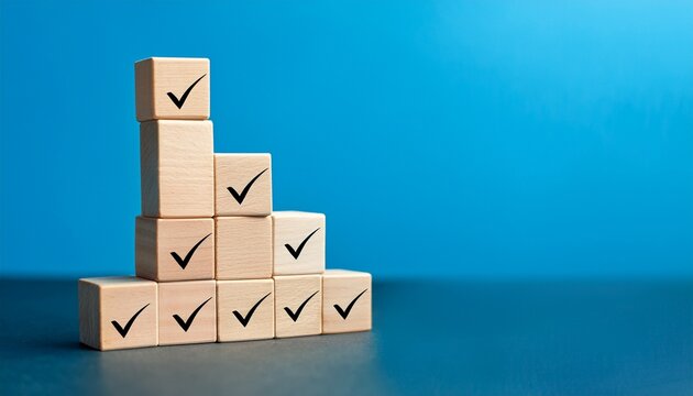 checklist concept check mark on wooden blocks blue background with copy space - Powered by Adobe