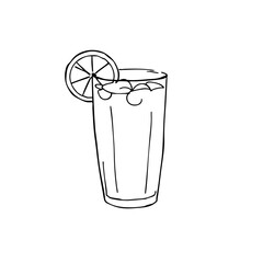 Simple line sketch of lemonade glass with ice and lemon slice  