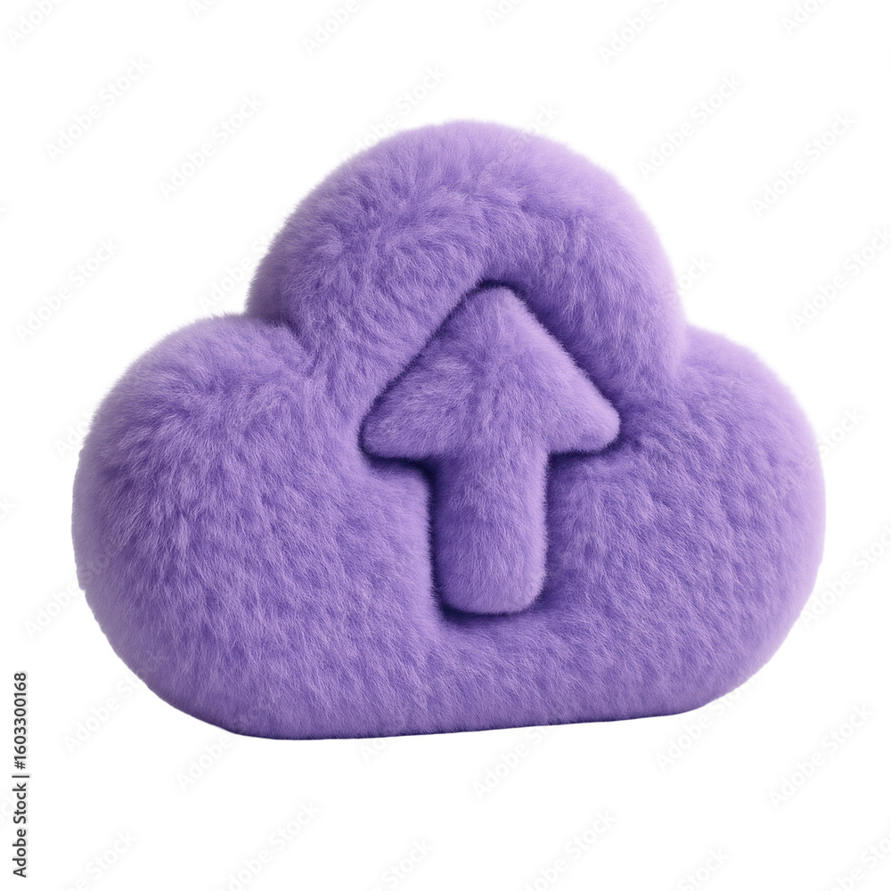 Poster soft and fluffy purple cloud icon with upward arrow representing upload or cloud storage concept iso