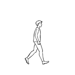 Simple line sketch of a walking young man in casual clothing  