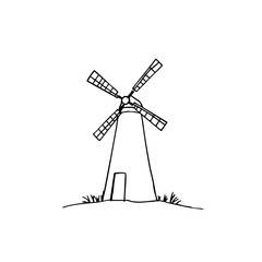 Simple line sketch of a windmill on a grassy hill  
