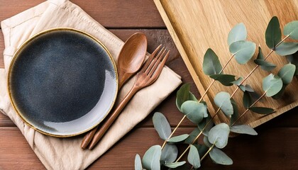 flat lay ceramic plate wooden cutlery rustic table eucalyptus