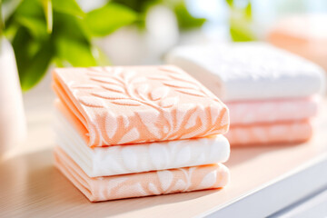 Folded white and orange paper towels with perforation and leaf detail