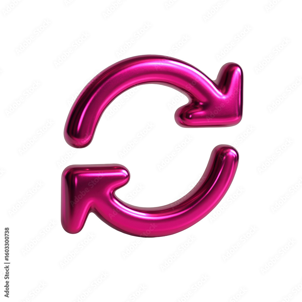 Poster glossy pink 3d refresh icon with circular arrows symbolizing repeat and update on transparent transp