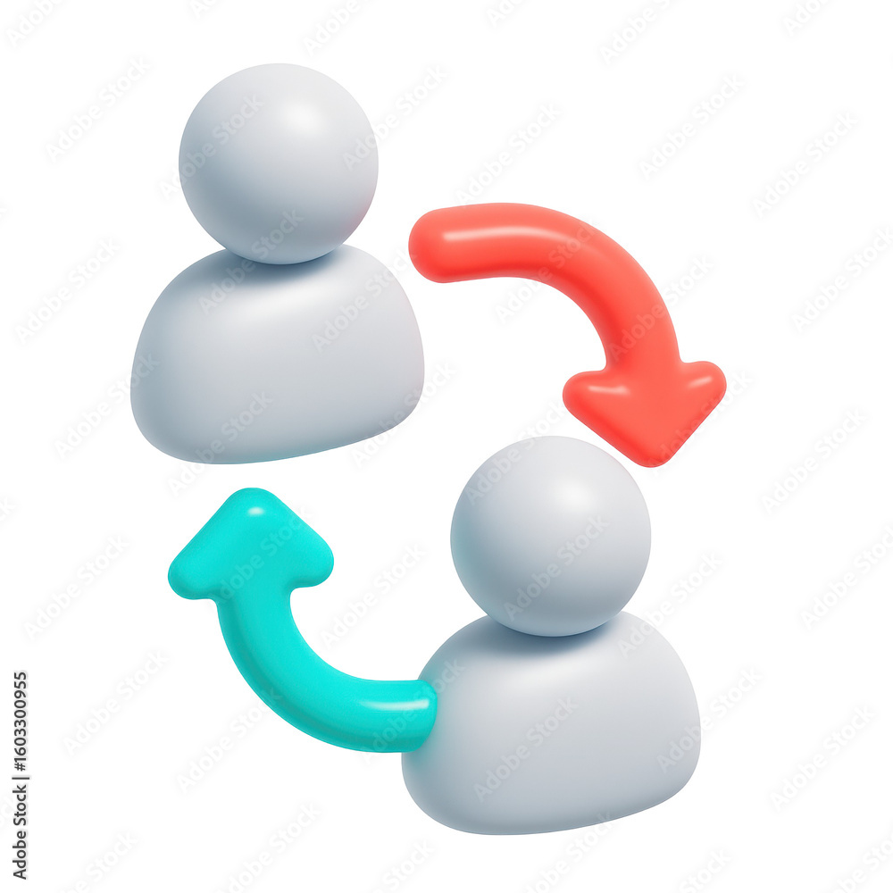 Poster 3d abstract icon of two humanoid figures with circular arrows indicating interaction and communicati