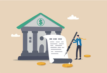Obligation, debt or bank loan responsible to pay back with interest rate, legal money credit or borrowing document with signature concept, businessman signing signature on obligation banking document