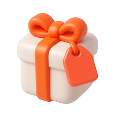 3D icon  gift box with orange ribbon and tag isolated on black transparent background, representing celebration and surprise, perfect for festive occasions and holidays