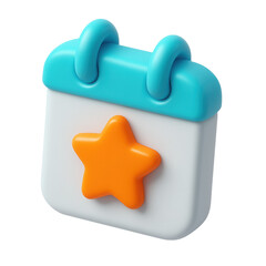 3D icon of  calendar  with orange star on blue and white background symbolizing important date reminder on transparent display