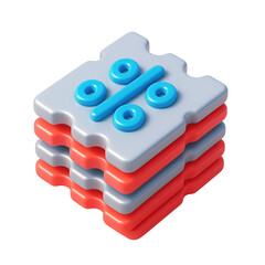 Three-dimensional stacked percent icon representing discount promotion and sales, isolated on transparent background with gray and red colors