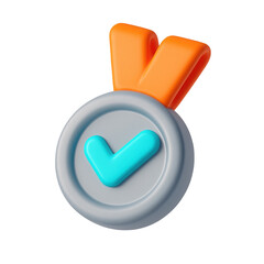 3D icon of  Colorful check mark badge icon with orange ribbon on transparent background representing approval and achievement