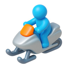 3D icon of  blue person driving snowmobile on slick black surface symbolizing winter sport and outdoor adventure in cold snowy conditions