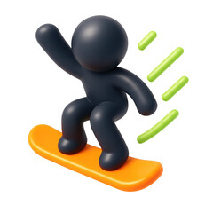 3D icon of  figure snowboarding on an orange board with dynamic green motion lines suggesting speed and excitement
