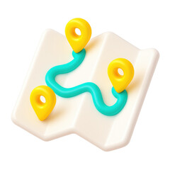 Colorful 3D map icon with curved road and three yellow location pins on a white background symbolizing navigation and travel direction in digital design