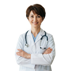 Fototapeta premium Smiling female physician wearing a white lab coat and stethoscope with arms crossed isolated on transparent background