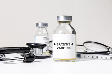 Hepatitis A Vaccine Bottle on Desk with Syringe and Stethoscope &ndash; Public Health and Disease Prevention Concept