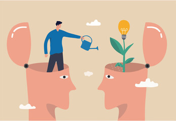 Teaching and learning to develop new skill or wisdom, inspiration or advice to achieve success, growth mindset or knowledge transfer concept, cheerful man from teacher head watering student seedling