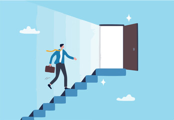 Career opportunity, doorway to success, solution or hope for aspiration, entering opening door for new career chance, possibility concept, businessman walk staircase to find opening opportunity door