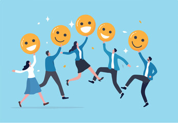 Employee happiness, workplace satisfaction or wellbeing, positive feeling, enjoyment or pleasure, delight greeting concept, business people colleagues jumping hold smile happy face expression