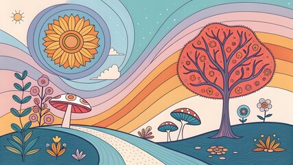 Whimsical Rainbow Landscape with Flora and Fungi