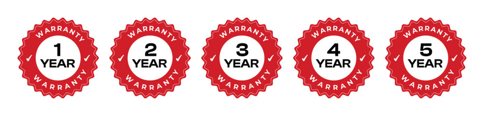 Vector Set of 1 to 5 Year Warranty Badges – Red Round Guarantee Labels for Product Assurance, Electronics, and Ecommerce Use