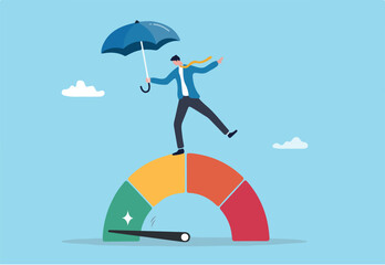 Risk mitigation, identify threat and control or prevent potential impact, reduce chance of failure, uncertainty, evaluate safety level, businessman with protection umbrella on risk gauge measuring
