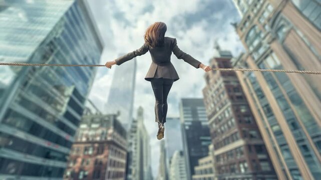 Urban tightrope walking: businesswoman balancing on rope amidst city skyline