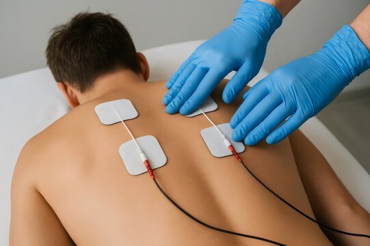 Doctor placing electrodes for electrostimulation therapy on patient's back, providing pain relief and muscle rehabilitation