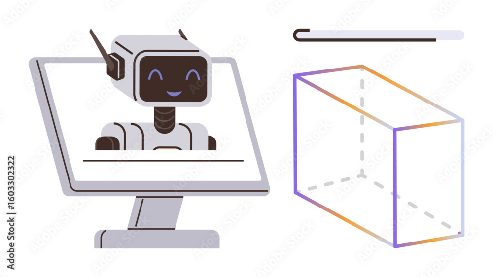 Poster robot assistant displayed on a monitor, 3d wireframe cube and stylus tool. ideal for ai, robotics, 3