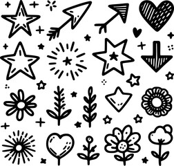 Sketch doodle cute star, emphasis, flower element. Cute line sketch star, arrow, heart decoration element icon set. Pen line text decoration shape icon. Vector illustration. EPS version.