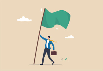 Business victory, mission accomplishment or success achievement, leadership or triumph to win competition, challenge concept, success businessman raising winning flag with triumph and proud