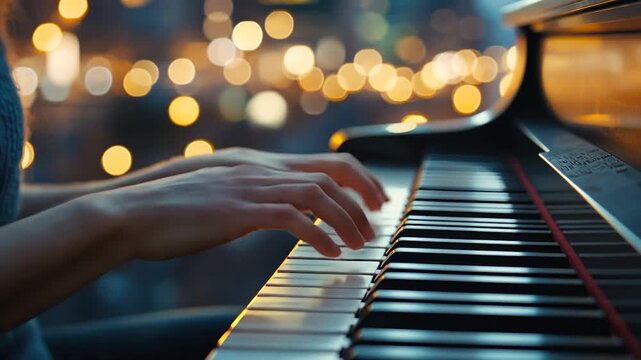 A hand gracefully playing piano keys, with a blurred bokeh background creating a warm ambiance.
