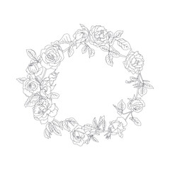 Hand drawn line art black and white rose flowers round frame. Vintage romantic monochrome floral wreath bouquet vector illustration