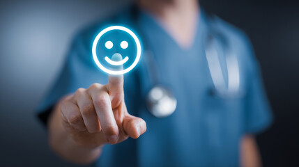 A medical professional taps a smiley icon on a digital screen, representing patient satisfaction and healthcare feedback in a virtual system