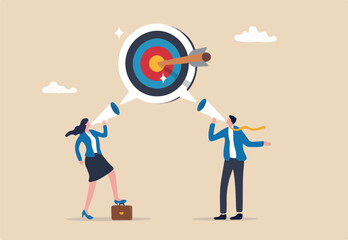 Effective communication for team success and achieve goal, meeting or discussion to speak the same goal, communicate important purpose concept, business people speak on megaphone the same target