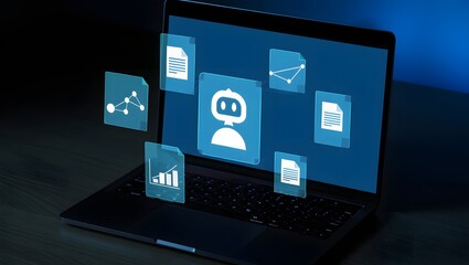 AI agent generating business reports and documents. Generative artificial intelligence analyzing text and making summary. Businessman using laptop computer to give instructions to AI.