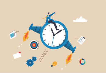 Improve productivity or efficiency, time management to finish within deadline, performance improvement or success concept, businessman riding fast flying clock with jetpack increasing productivity