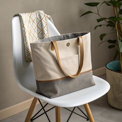 Beige Canvas Tote Bag with Leather Handles