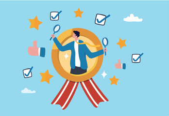 QA quality assurance or quality control to approve or guarantee customer trust and confidence, policy commitment, customer satisfaction concept, businessman with magnifier to assure product quality
