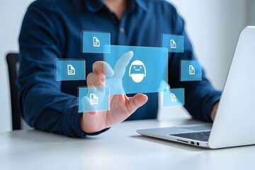 Fototapeta premium AI agent generating business reports and documents. Generative artificial intelligence analyzing text and making summary. Businessman using laptop computer to give instructions to AI.