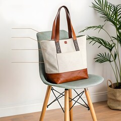 Off-White Canvas Tote Bag with Brown Leather Accents