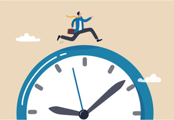 Time run out, deadline or hurry to go to the office late, urgency or determination to finish work fast, stressed or anxiety to complete work concept, hurry businessman run fast on time run out clock