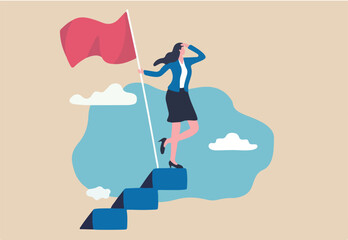Success female entrepreneur, woman leadership or challenge and achievement concept, success businesswoman on top of career staircase holding winning flag looking for future visionary