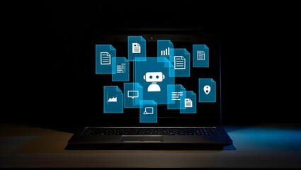 AI agent generating business reports and documents. Generative artificial intelligence analyzing text and making summary. Businessman using laptop computer to give instructions to AI.