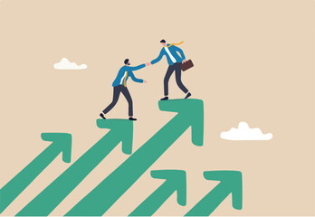 Business mentor, coaching or consult to help success, leadership or support to grow business or career, advice and trust to help improve, businessman mentor help coworker to climb growth arrow chart.