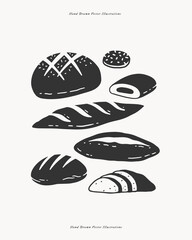 Assortment of different types of bread including loaf, baguette, bun, and sliced bread. Hand-drawn vector illustration in vintage engraving style. Bakery and artisan food concept for design and print