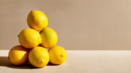 Creative fruit concept showing a pyramid of vibrant yellow lemons on a neutral beige surface.
