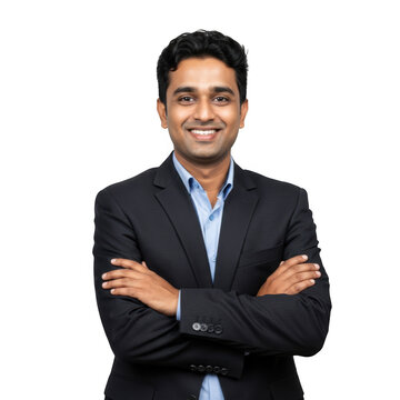 Smiling professional indian man wearing a dark suit and light blue shirt with arms crossed isolated on transparent background
